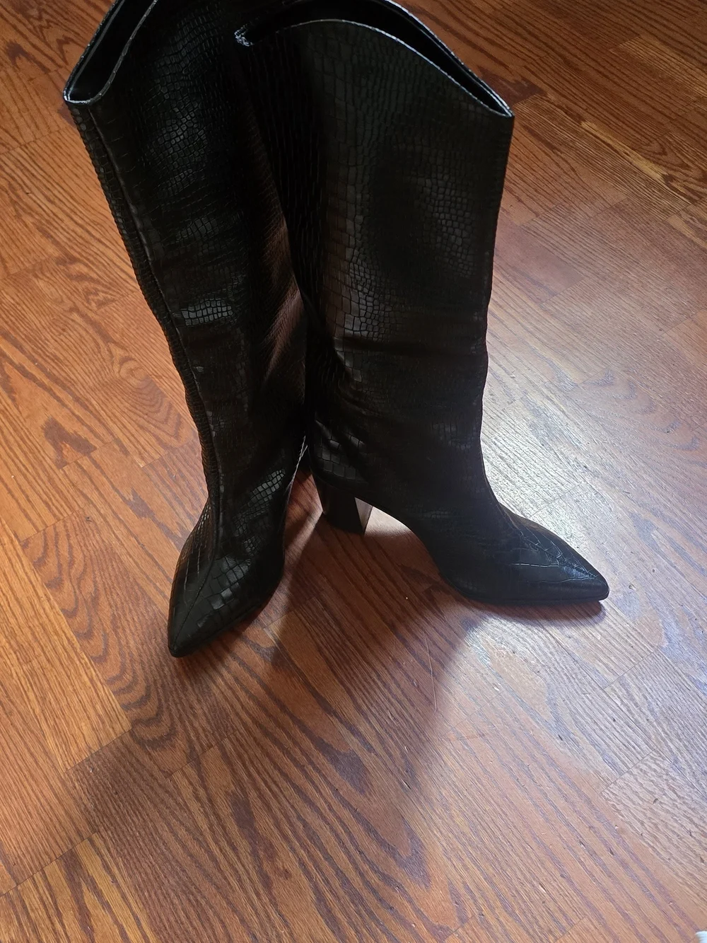 Schutz Analeah Black Leather Croc Embossed Knee High Boots Block Heel Size 10 B
